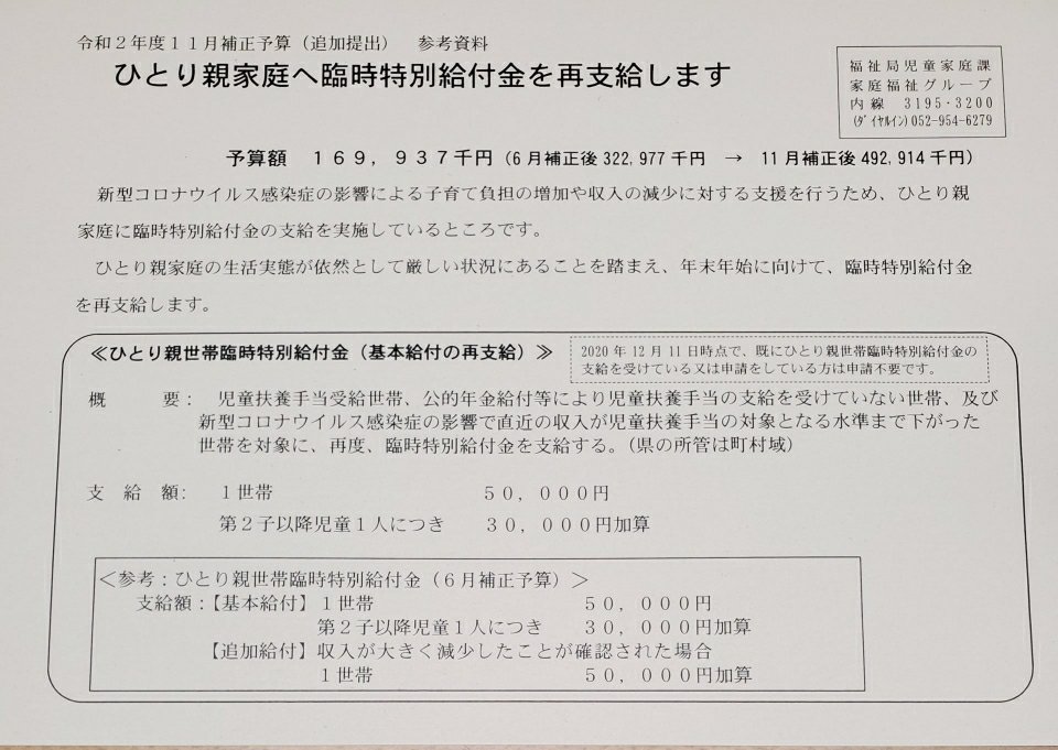 ひとり親家庭への臨時特別給付金の再支給。